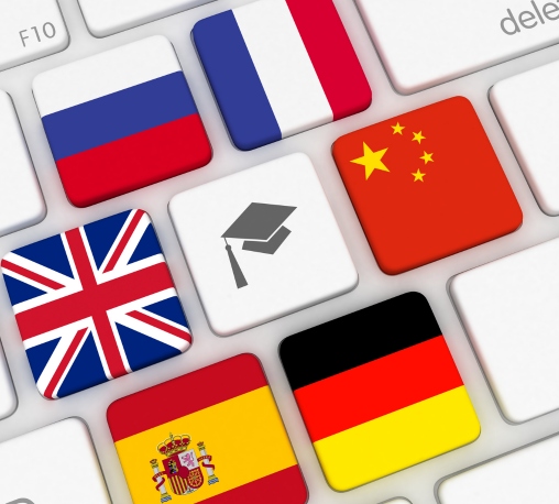 a keyboard with flags on it